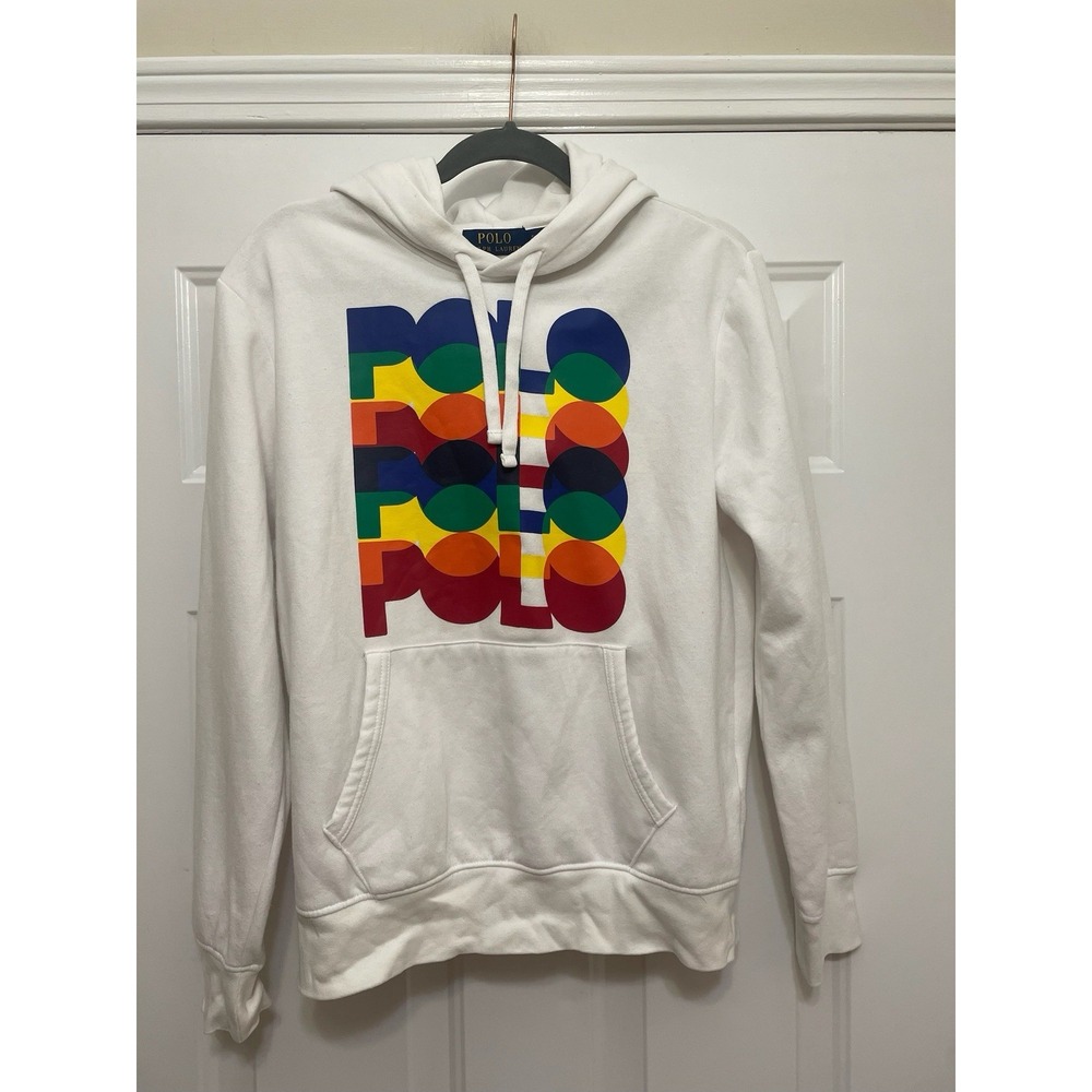 Polo Ralph Lauren Mens Rainbow Colorful Logo Graphic Hoodie White Small